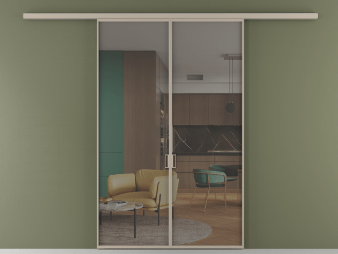 Перегородка Формато вдоль стены 2 створки АЛПР 040.01 Алюминий бисквитный Прозрачное серое стекло, триплекс Цена 272780 сом | Volhovec