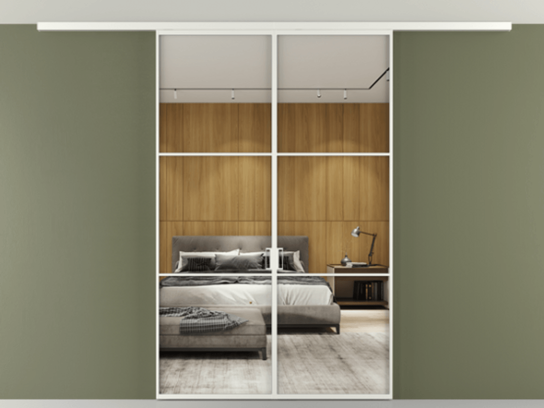 Перегородка Формато вдоль стены на потолок 2 створки АЛПР 040.03 Алюминий светло-серый Двустороннее зеркало, триплекс , триплекс 6 мм Цена 46267760 so'm | Volhovec