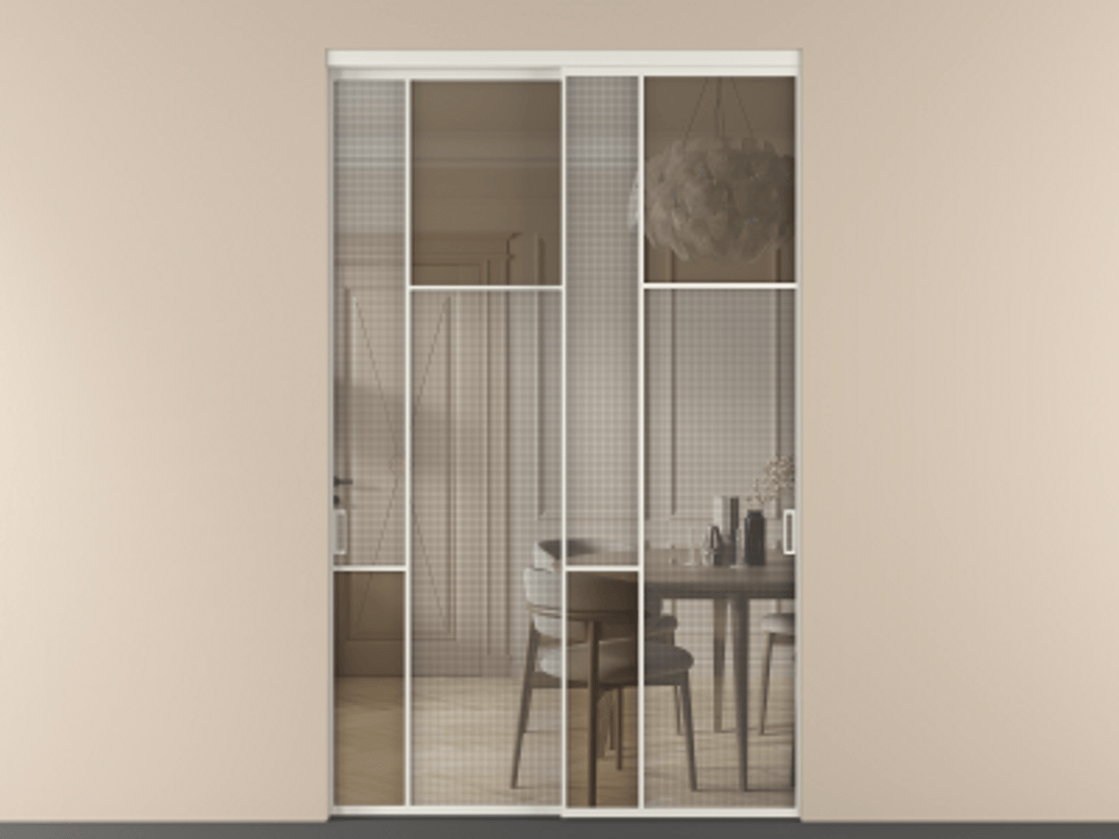 Перегородка Mosaic внутри проема двустворчатая АЛПР 041.11 Алюминий Белый Mesh silver + Бронза прозрачное триплекс Цена 46154080 so'm | Volhovec