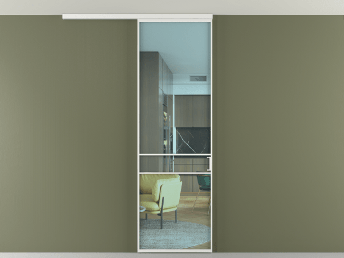 Перегородка Формато вдоль стены на потолок 1 створка АЛПР 040.02 Алюминий белоснежный Прозрачное голубое стекло, триплекс Цена 19662150 so'm | Volhovec