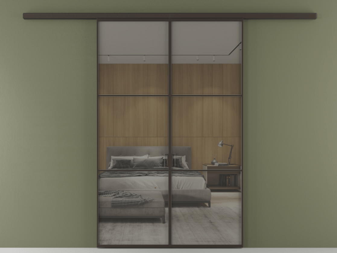 Перегородка Формато вдоль стены 2 створки АЛПР 040.03 Алюминий антрацит Рефлективное серое стекло "Стопсол", калёное Цена 50547000 so'm | Volhovec