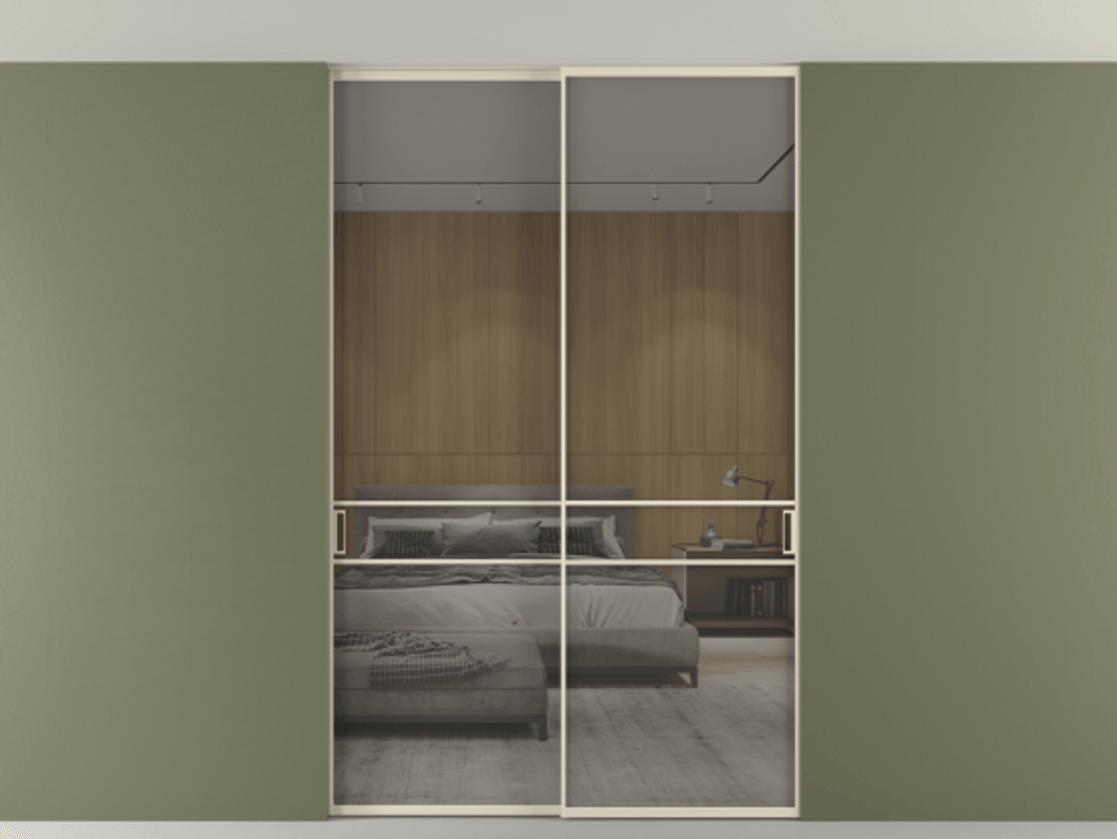 Перегородка Formato внутри проёма скрытое крепление в потолок 2 створки АЛПР 040.02 Алюминий бежево-серый Рефлективное серое стекло "Стопсол", калёное Цена 62020560 so'm | Volhovec