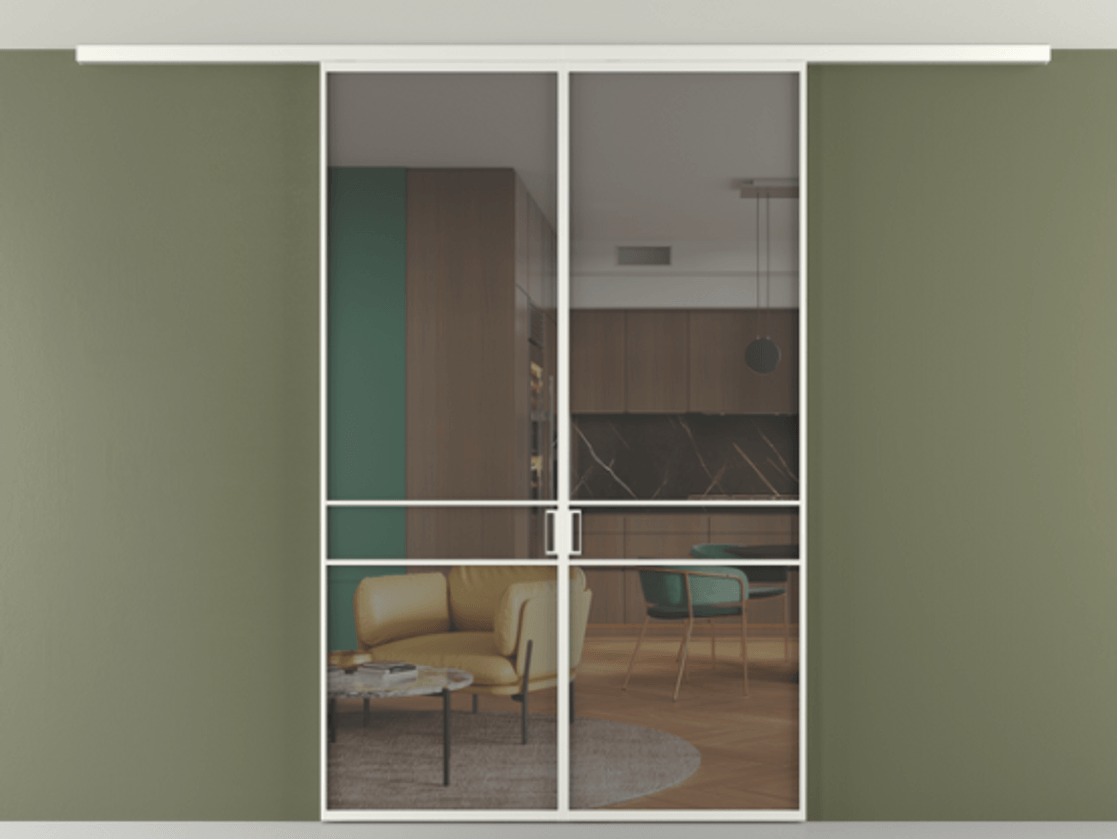 Перегородка Формато вдоль стены на потолок 2 створки АЛПР 040.02 Алюминий светло-серый Прозрачное серое стекло, триплекс Цена 37882850 so'm | Volhovec