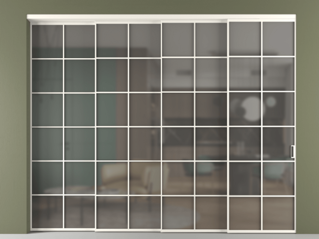 Перегородка Формато внутри проёма 4 створки с синхронным механизмом АЛПР 040.05 Алюминий пудровый белый Сатинированное серое стекло, триплекс Цена 99202040 so'm | Volhovec