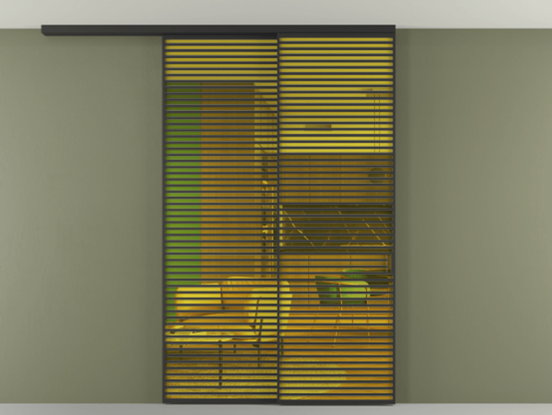 Перегородка Формато вдоль стены на потолок 2 створки с синхронным механизмом АЛПР 040.07 Алюминий Черный Прозрачное жёлтое стекло, триплекс Цена 83376160 so'm | Volhovec