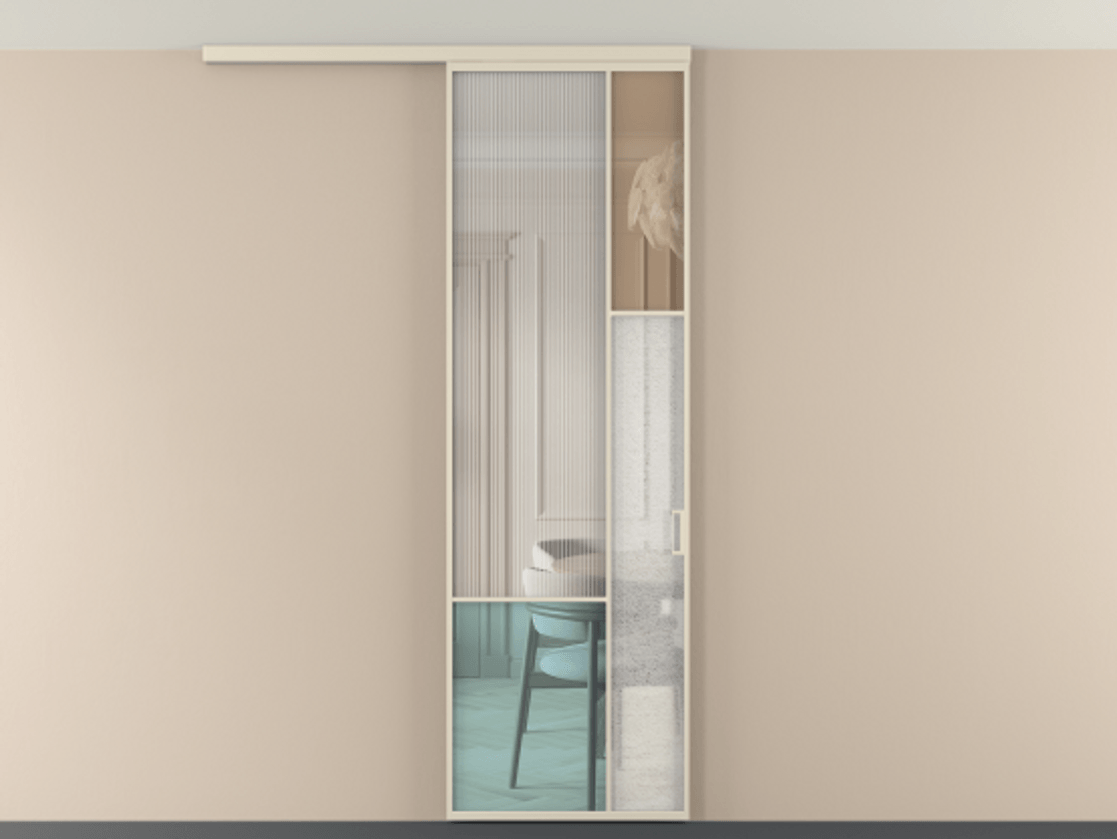 Перегородка Мозаик вдоль стены на потолок 1 створка АЛПР 041.12 Алюминий бежево-серый Комбинация стекол Группы 1 и Группы 3 Цена 141040 ₽ | Volhovec