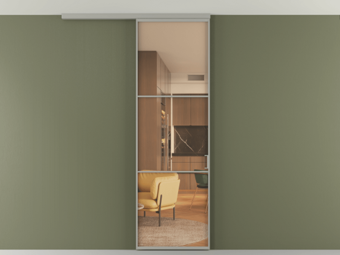 Перегородка Формато вдоль стены на потолок 1 створка АЛПР 040.03 Алюминий нейтральный серый Прозрачное оранжевое стекло, триплекс Цена 20500540 so'm | Volhovec