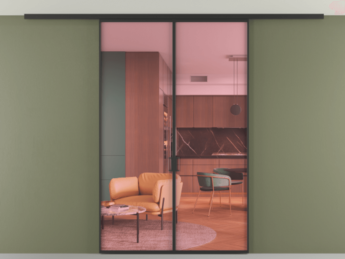 Перегородка Формато вдоль стены на потолок 2 створки АЛПР 040.01 Алюминий Черный Прозрачное розовое стекло, триплекс Цена 34711990 so'm | Volhovec