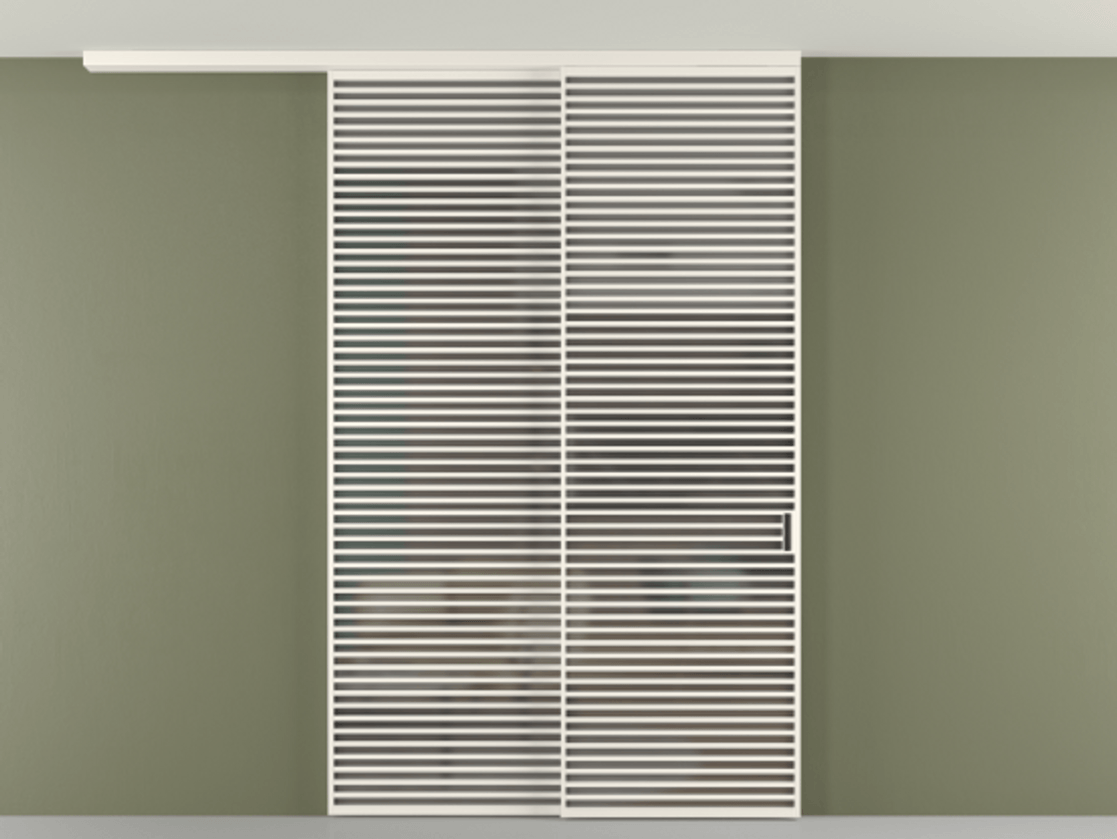 Перегородка Формато вдоль стены на потолок 2 створки с синхронным механизмом АЛПР 040.07 Алюминий пудровый белый Сатинированное серое стекло, триплекс Цена 106903860 so'm | Volhovec