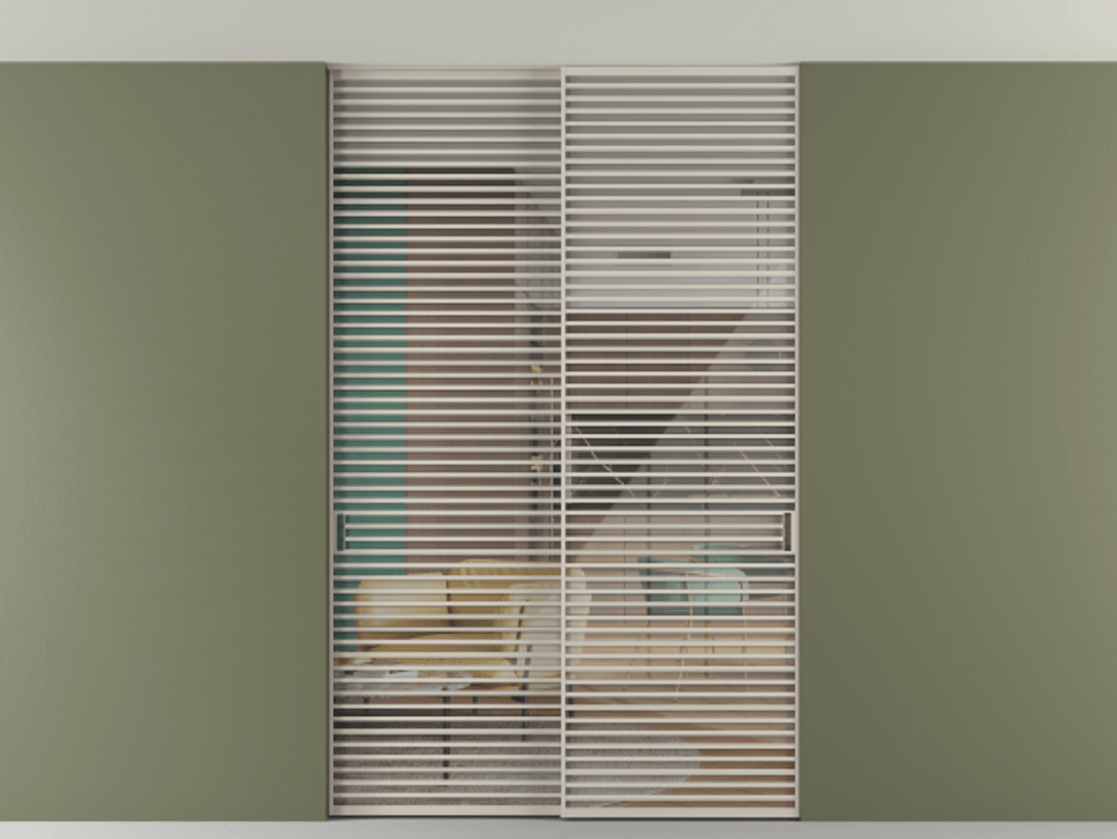 Перегородка Формато внутри проёма скрытое крепление в потолок 2 створки АЛПР 040.07 Алюминий светло-бежевый Рефлективное прозрачное стекло "Стопсол", калёное Цена 105787360 so'm | Volhovec