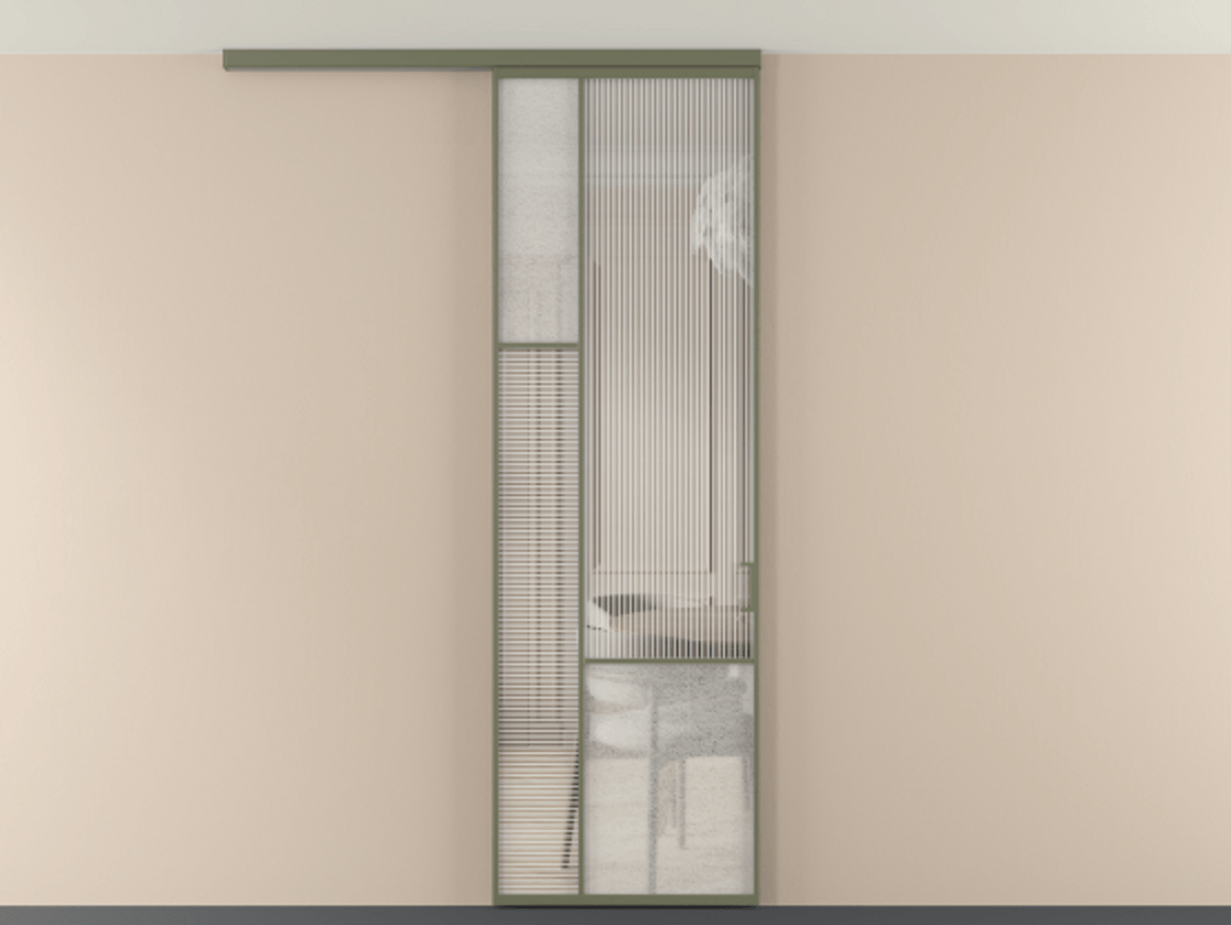 Перегородка Мозаик вдоль стены на потолок 1 створка АЛПР 041.13 Алюминий оливковый тёмный Рифлёное стекло "Дюна", триплекс, 6 мм + Фактурное стекло "Лёд", триплекс Цена 143040 ₽ | Volhovec