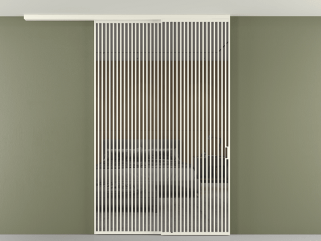 Перегородка Формато вдоль стены на потолок 2 створки с синхронным механизмом АЛПР 040.06 Алюминий жемчужный Рефлективное серое стекло "Стопсол", калёное Цена 94040970 so'm | Volhovec