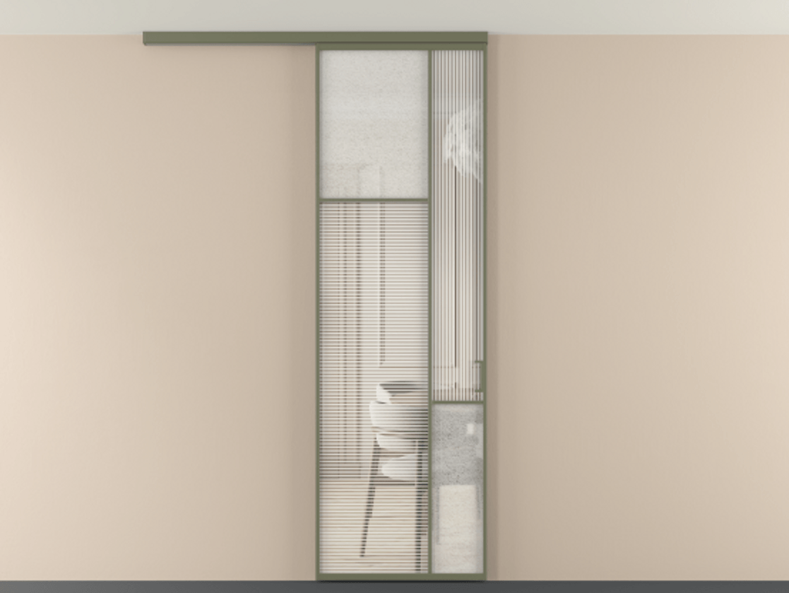 Перегородка Мозаик вдоль стены на потолок 1 створка АЛПР 041.10 Алюминий оливковый тёмный Рифлёное стекло "Дюна", триплекс, 6 мм + Фактурное стекло "Лёд", триплекс Цена 29037120 so'm | Volhovec