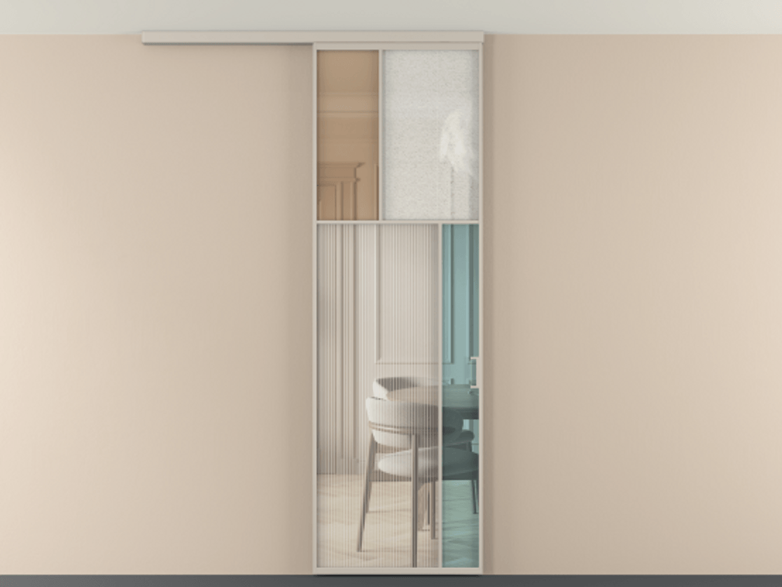 Перегородка Мозаик вдоль стены на потолок 1 створка АЛПР 041.23 Алюминий светло-бежевый Комбинация стекол Группы 1 и Группы 3 Цена 28631120 so'm | Volhovec