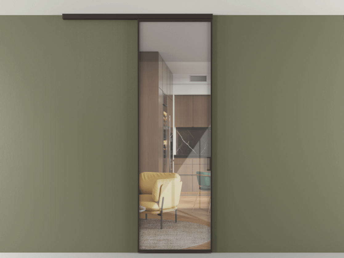 Перегородка Формато вдоль стены на потолок 1 створка АЛПР 040.01 Алюминий антрацит Рефлективное прозрачное стекло "Стопсол", калёное Цена 20835110 so'm | Volhovec