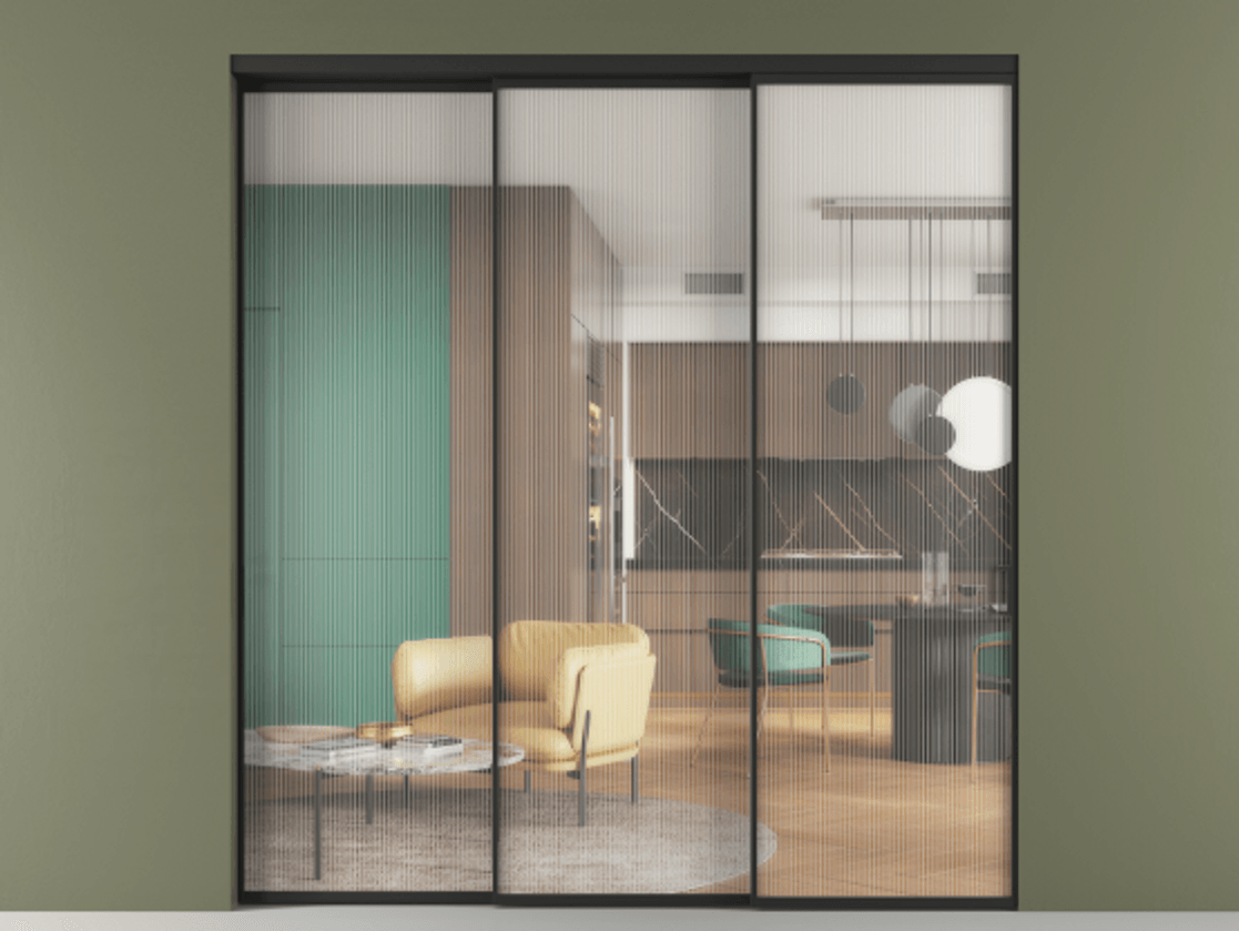 Перегородка Формато внутри проёма 3 створки с синхронным механизмом АЛПР 040.01 Алюминий Черный Рифлёное стекло "Мору", триплекс. Скрытый короб ЧЕР Цена 77119700 so'm 1. Полотно 3 шт. (800/2100 мм)
2. Комплект установки раздвижной системы
3. Базовый комплект фурнитуры
4. Комплект фурнитуры телескопик синхро-2
5.Ручка Рондо. Фабрика дверей Волховец 8 (800) 551 43 19 Перегородка Формато внутри проёма 3 створки с синхронным механизмом АЛПР 040.01 Алюминий Черный Рифлёное стекло "Мору", триплекс Цена 77119700 so'm | Volhovec