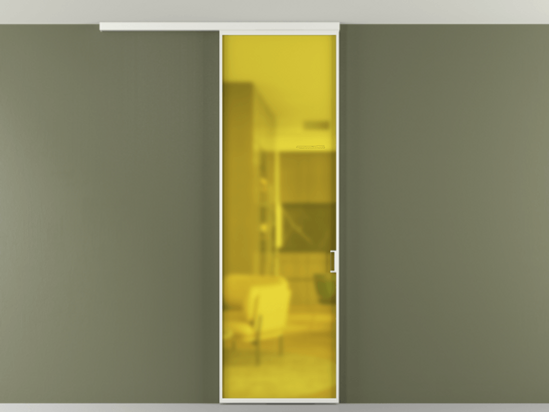 Перегородка Formato вдоль стены на потолок 1 створка АЛПР 040.01 Алюминий светло-серый Сатинированное жёлтое стекло, триплекс Цена 19535850 so'm | Volhovec