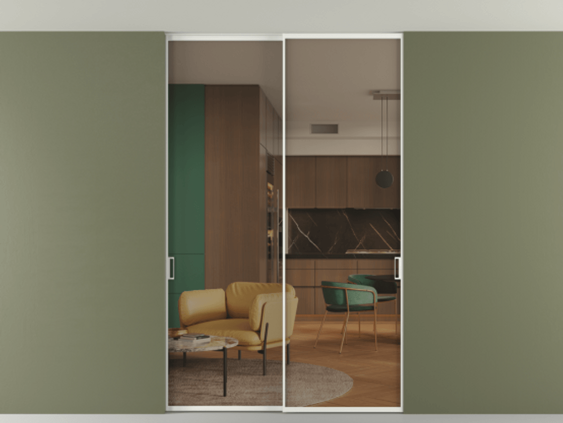 Перегородка Формато внутри проёма скрытое крепление в потолок 2 створки АЛПР 040.01 Алюминий светло-серый Прозрачное бронзовое стекло, триплекс Цена 48578920 so'm | Volhovec