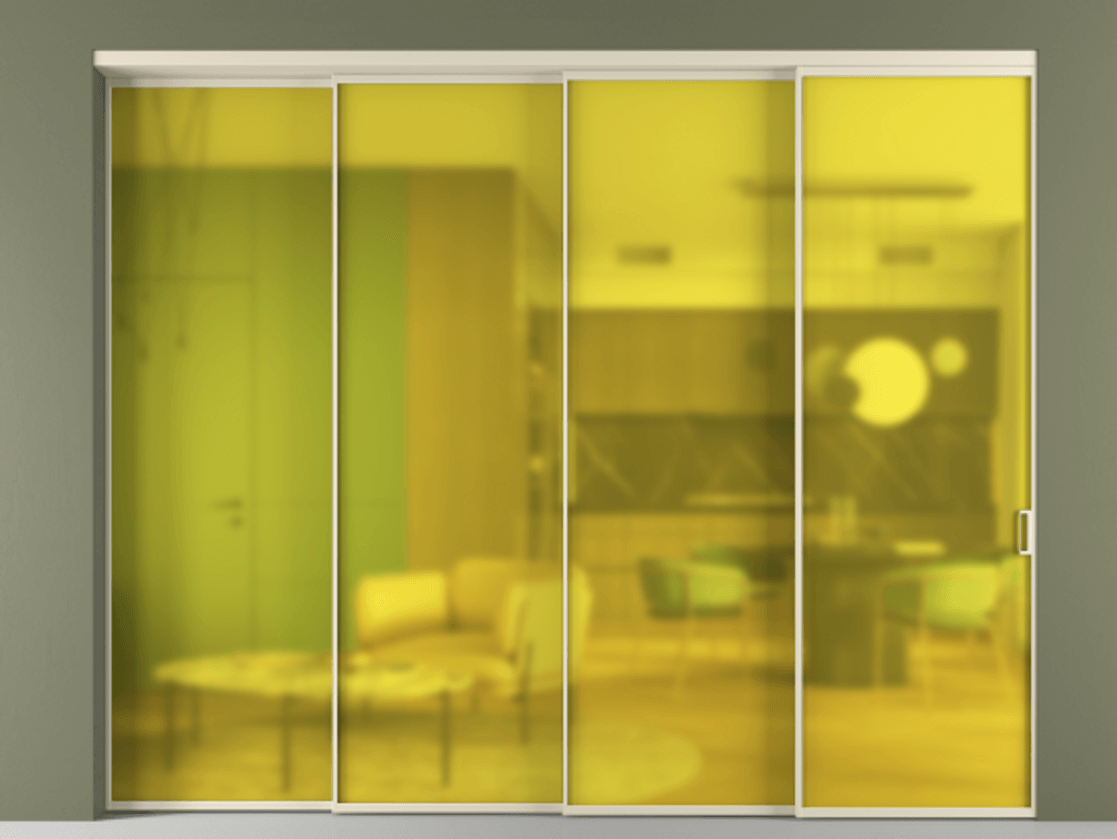 Перегородка Формато внутри проёма 4 створки с синхронным механизмом АЛПР 040.01 Алюминий бежево-серый Сатинированное жёлтое стекло, триплекс Цена 87797500 so'm | Volhovec