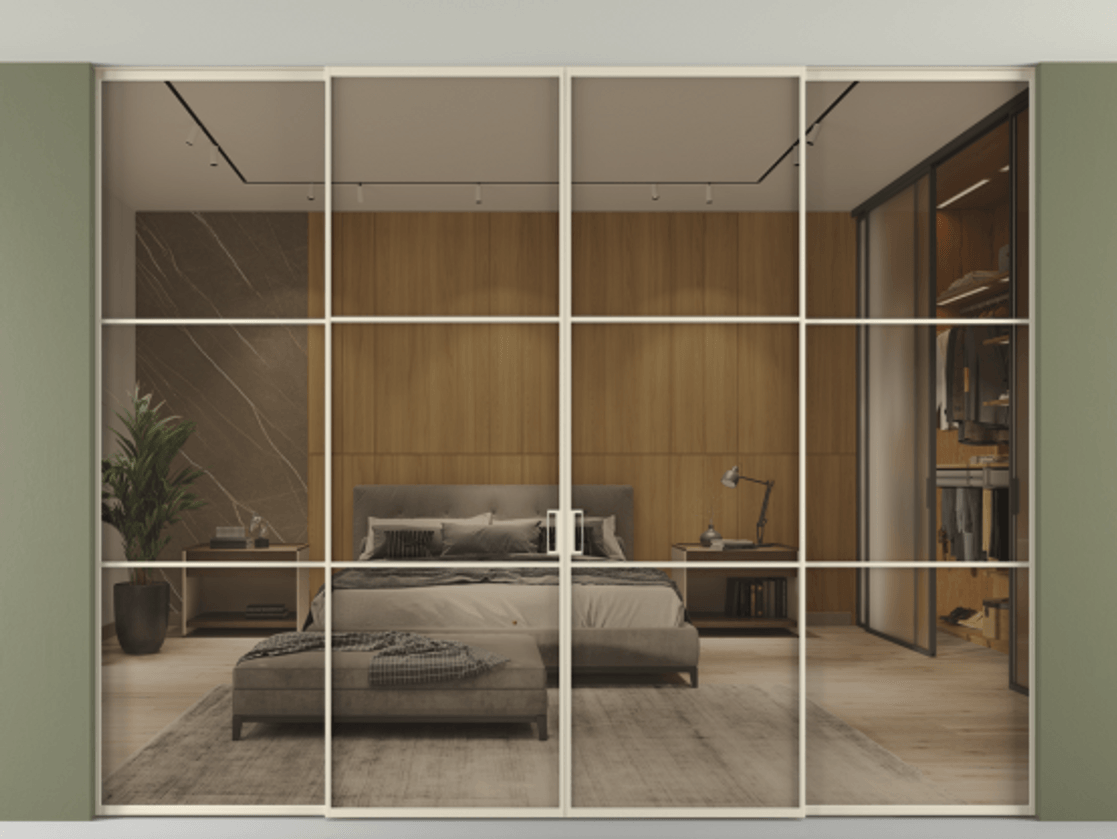 Перегородка Формато внутри проёма скрытое крепление в потолок 4 створки АЛПР 040.03 Алюминий бежево-серый Рефлективное бронзовое стекло "Стопсол", калёное Цена 112693420 so'm | Volhovec