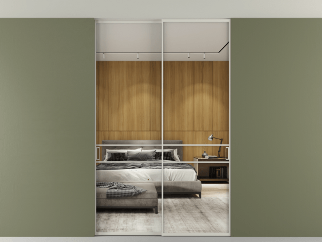 Перегородка Formato внутри проёма скрытое крепление в потолок 2 створки АЛПР 040.02 Алюминий тёплый серый Двустороннее зеркало, триплекс , триплекс 6 мм Цена 50387650 so'm | Volhovec