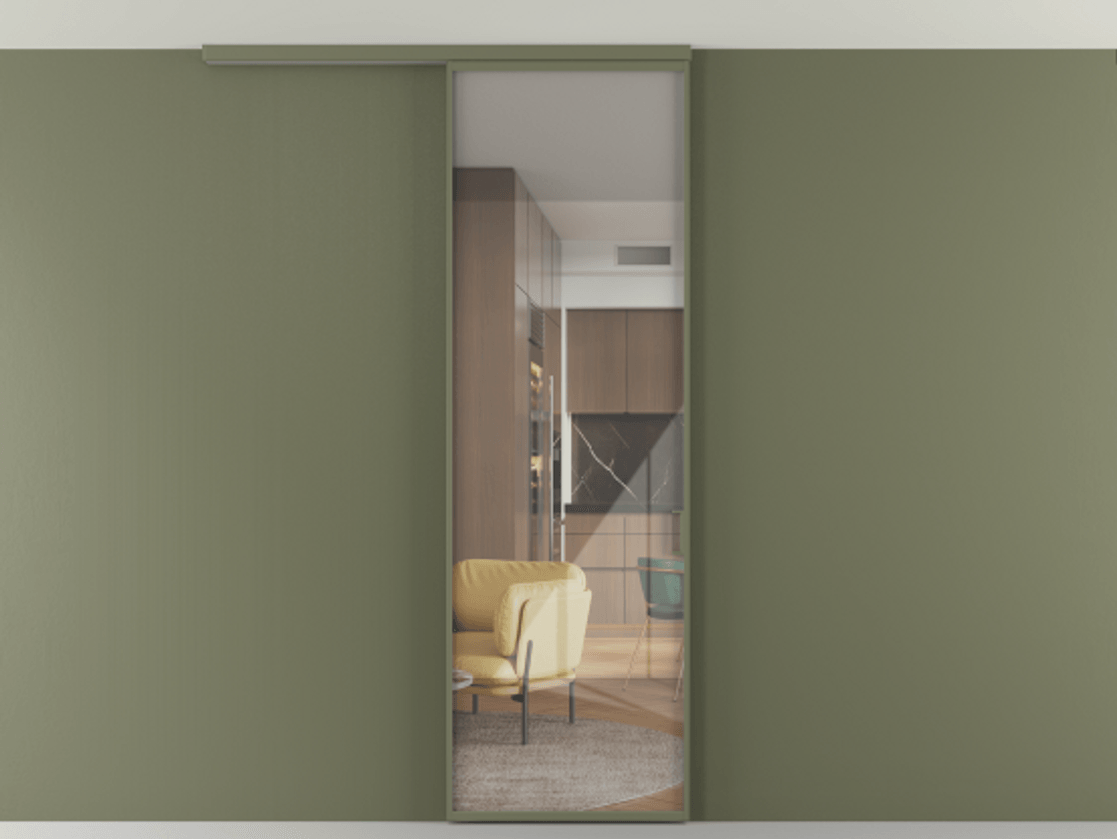 Перегородка Формато вдоль стены на потолок 1 створка АЛПР 040.01 Алюминий оливковый тёмный Рефлективное прозрачное стекло "Стопсол", калёное Цена 24272710 so'm | Volhovec