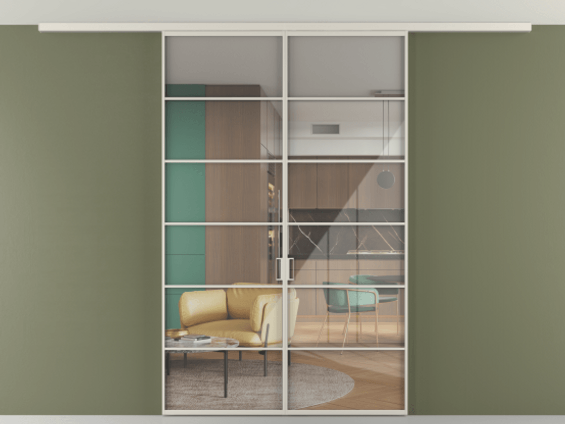 Перегородка Формато вдоль стены на потолок 2 створки АЛПР 040.04 Алюминий облачно-серый Рефлективное прозрачное стекло "Стопсол", калёное Цена 44945010 so'm | Volhovec