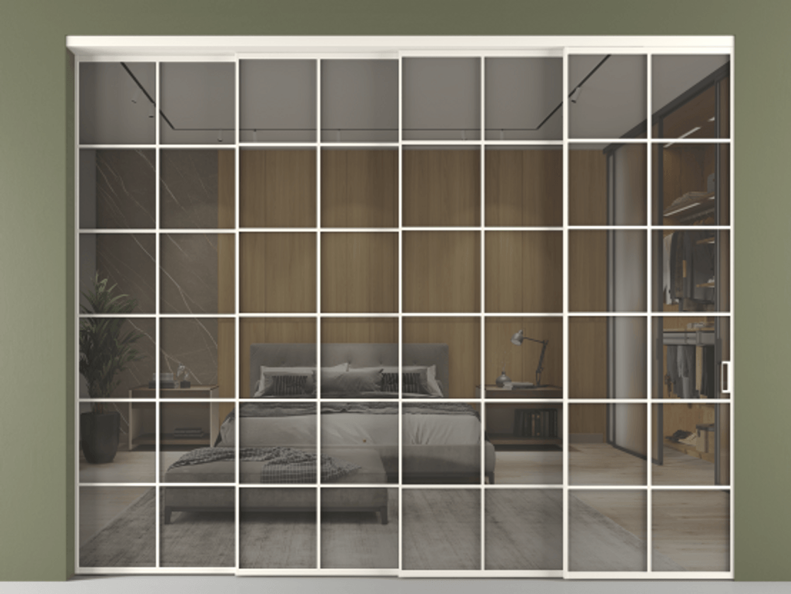 Перегородка Формато внутри проёма 4 створки с синхронным механизмом АЛПР 040.05 Алюминий пудровый белый Рефлективное серое стекло "Стопсол", калёное. Цена 104398840 so'm 1. Полотно 4 шт. (800/2100 мм)
2. Комплект установки раздвижной системы
3. Базовый комплект фурнитуры
4. Комплект фурнитуры телескопик синхро-3
5. Ручка Рондо. Фабрика дверей Волховец 8 (800) 551 43 19 Перегородка Формато внутри проёма 4 створки с синхронным механизмом АЛПР 040.05 Алюминий пудровый белый Рефлективное серое стекло "Стопсол", калёное Цена 104398840 so'm | Volhovec