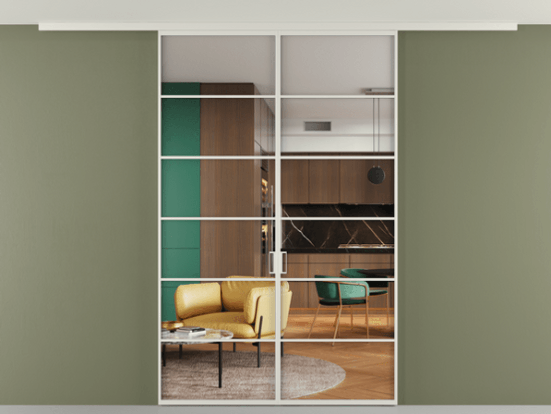 Перегородка Формато вдоль стены на потолок 2 створки АЛПР 040.04 Алюминий Белый Прозрачное стекло "Кристал Вижн", калёное Цена 251180 ₽ | Volhovec