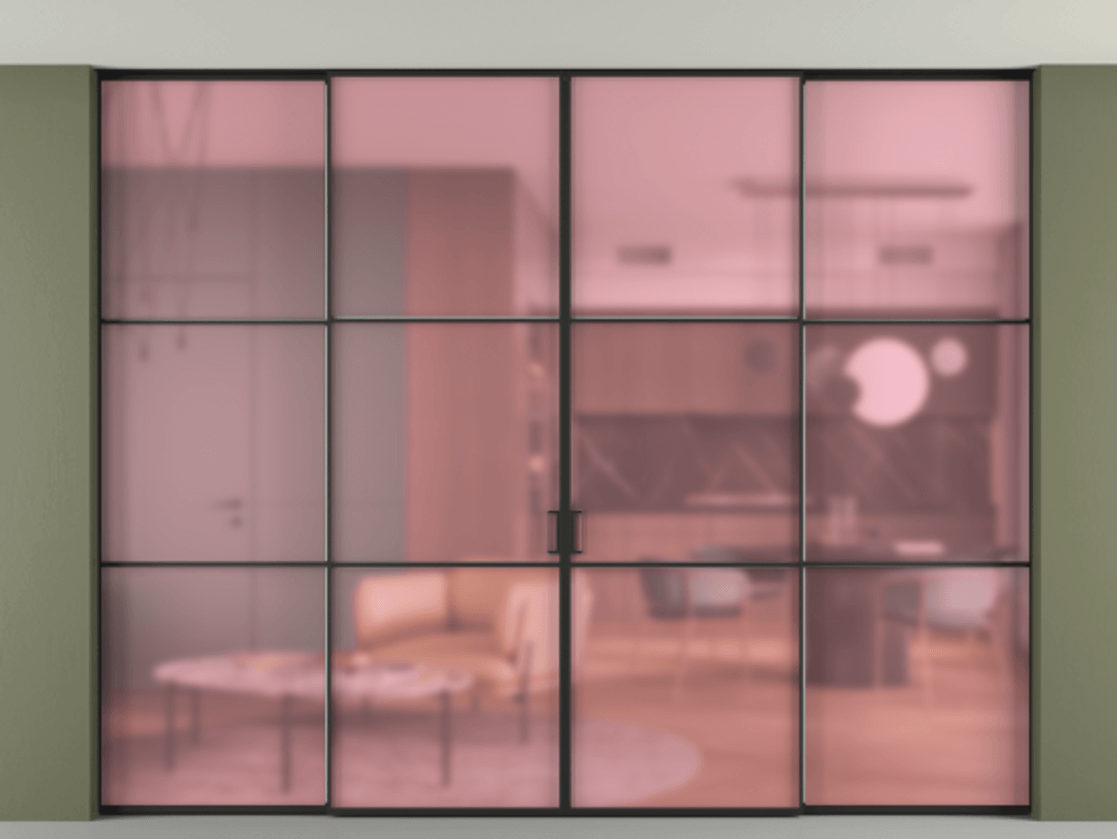 Перегородка Формато внутри проёма скрытое крепление в потолок 4 створки АЛПР 040.03 Алюминий Черный Сатинированное розовое стекло, триплекс Цена 90209140 so'm | Volhovec