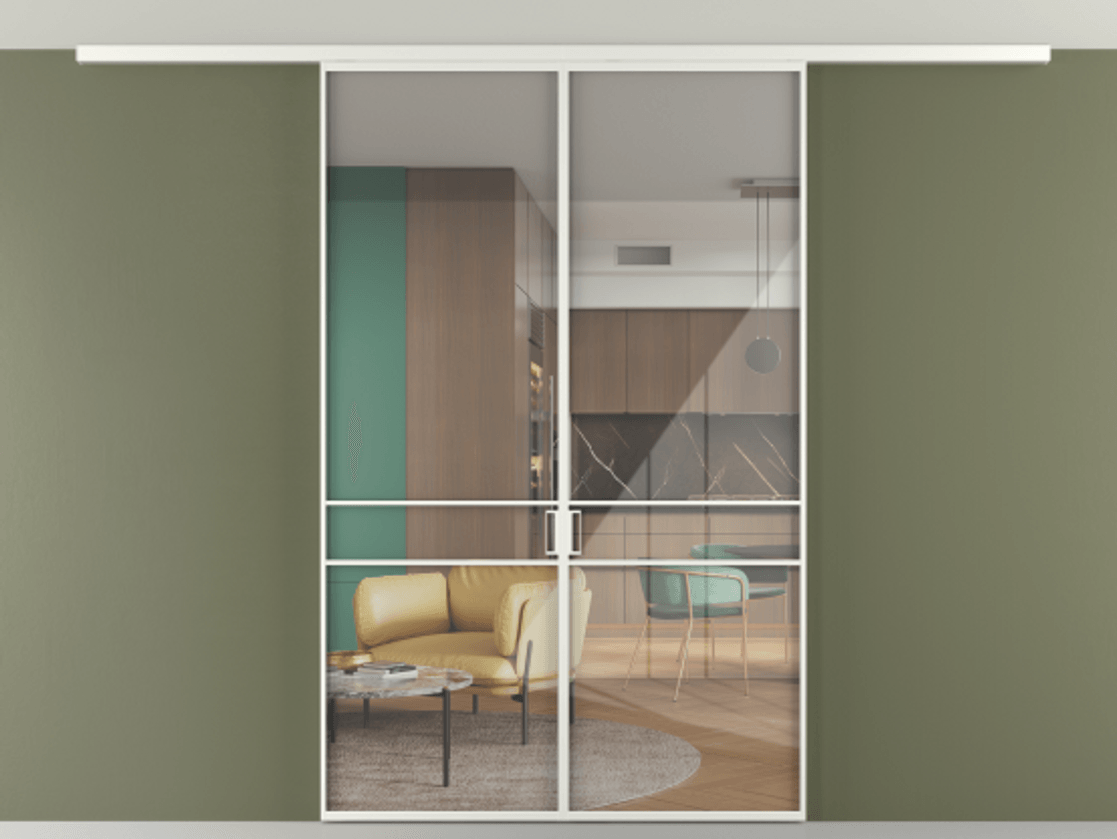 Перегородка Формато вдоль стены на потолок 2 створки АЛПР 040.02 Алюминий светло-серый Рефлективное прозрачное стекло "Стопсол", калёное Цена 12710 AZE | Volhovec