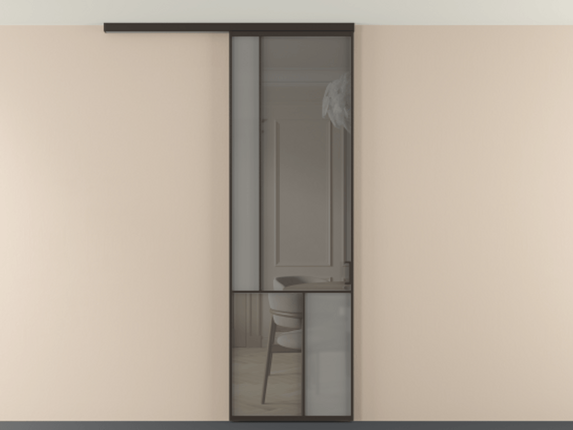 Перегородка Мозаик вдоль стены на потолок 1 створка АЛПР 041.20 Алюминий антрацит Сатинированное серое стекло, триплекс, 6 мм + Прозрачное серое стекло, триплекс Цена 27413120 so'm | Volhovec