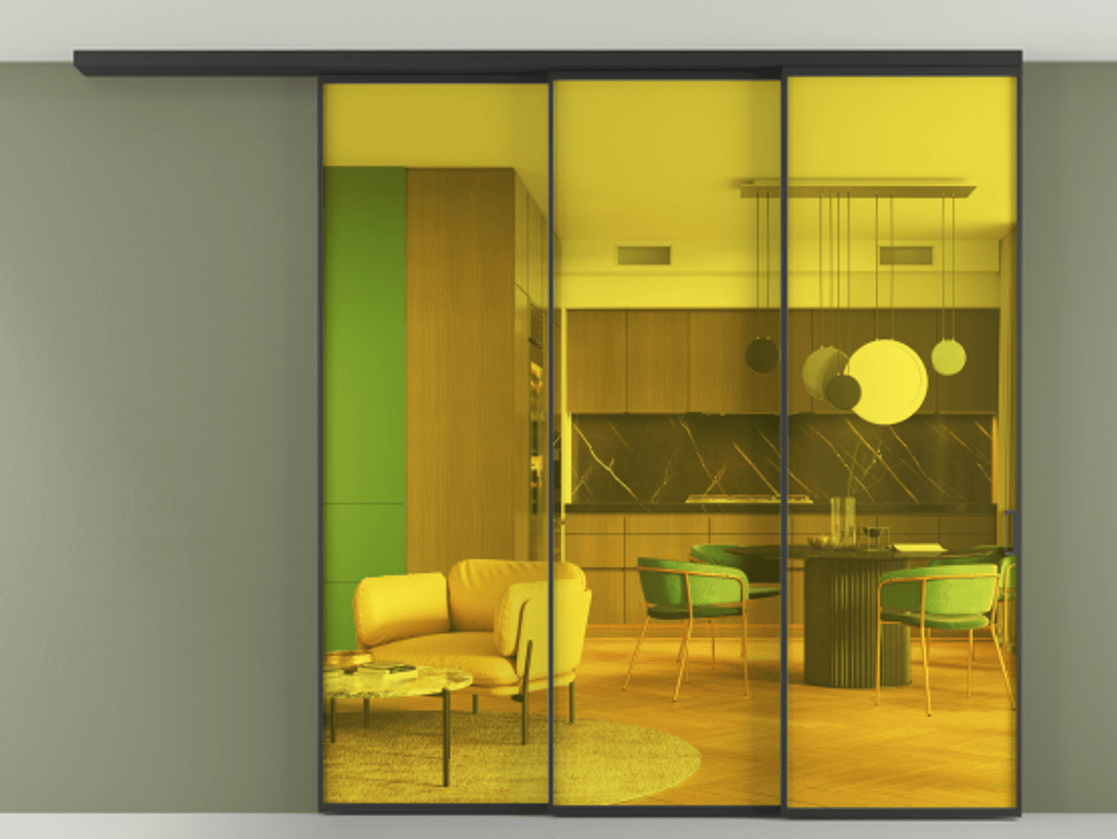 Перегородка Formato вдоль стены на потолок 3 створки с синхронным механизмом АЛПР 040.01 Алюминий Черный Прозрачное жёлтое стекло, триплекс Цена 73817330 so'm | Volhovec