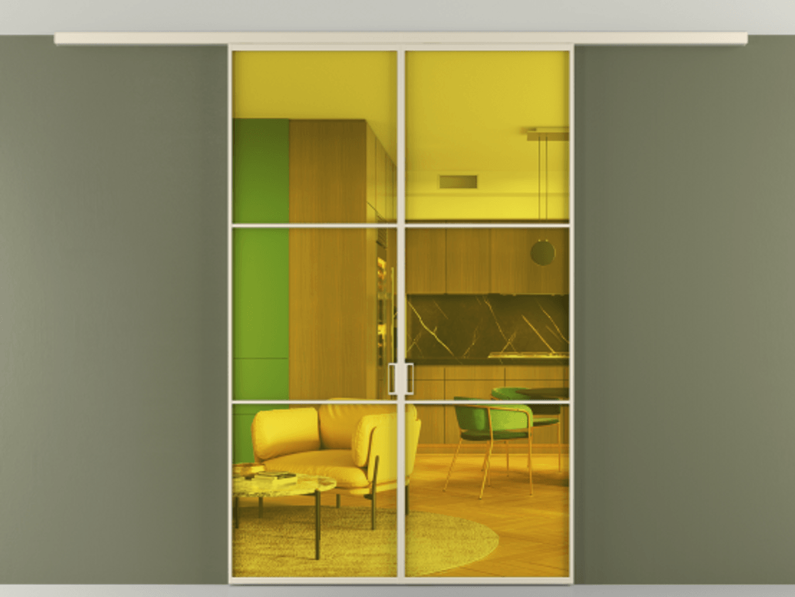 Перегородка Formato вдоль стены на потолок 2 створки АЛПР 040.03 Алюминий бежево-серый Прозрачное жёлтое стекло, триплекс Цена 39559770 so'm | Volhovec