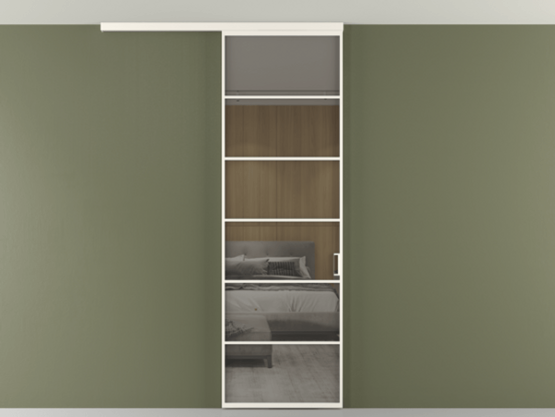 Перегородка Formato вдоль стены на потолок 1 створка АЛПР 040.04 Алюминий пудровый белый Рефлективное серое стекло "Стопсол", калёное Цена 27220270 so'm | Volhovec