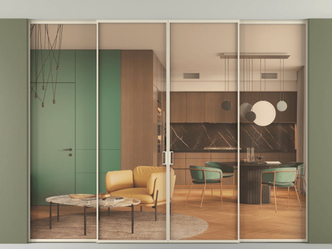 Перегородка Formato внутри проёма скрытое крепление в потолок 4 створки АЛПР 040.01 Алюминий бежево-серый Прозрачное оранжевое стекло, триплекс Цена 101374140 so'm | Volhovec