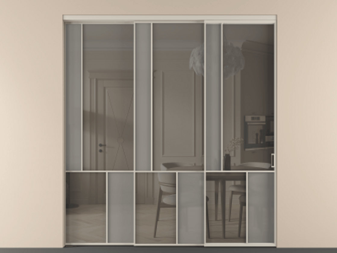 Перегородка Мозаик внутри проёма 3 створки с синхронным механизмом АЛПР 041.20  Алюминий светло-бежевый Сатинированное серое стекло, триплекс, 6 мм + Прозрачное серое стекло, триплекс Цена 88790170 so'm | Volhovec