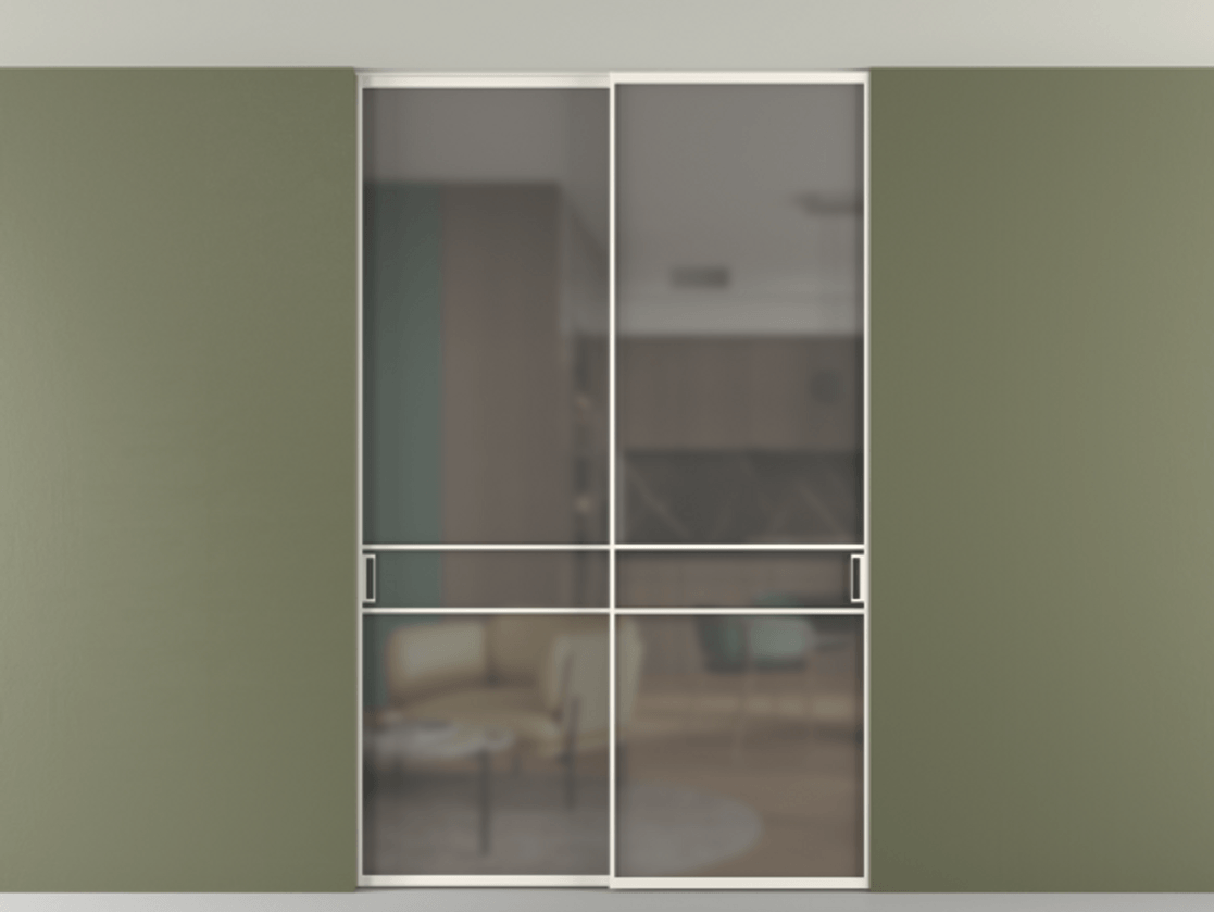 Перегородка Формато внутри проёма скрытое крепление в потолок 2 створки АЛПР 040.02 Алюминий пудровый белый Сатинированное серое стекло, триплекс Цена 50387650 so'm | Volhovec