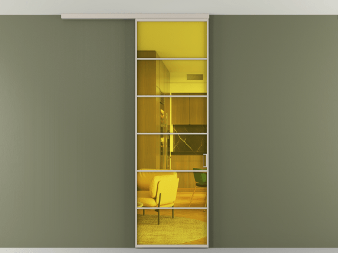 Перегородка Формато вдоль стены на потолок 1 створка АЛПР 040.04 Алюминий светло-бежевый Прозрачное жёлтое стекло, триплекс Цена 103293 ₽ | Volhovec