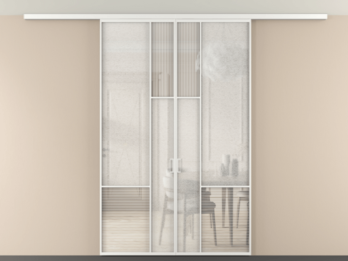 Перегородка Мозаик вдоль стены на потолок 2 створки АЛПР 041.13 Алюминий белоснежный Рифлёное стекло "Дюна", триплекс, 6 мм + Фактурное стекло "Лёд", триплекс Цена 56632940 so'm | Volhovec