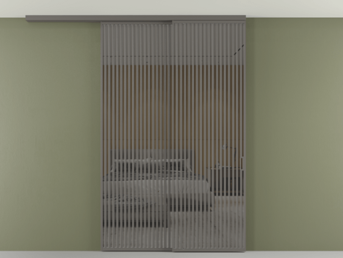 Перегородка Формато вдоль стены на потолок 2 створки с синхронным механизмом АЛПР 040.06 Алюминий классический серый Рефлективное серое стекло "Стопсол", калёное Цена 94040970 so'm | Volhovec