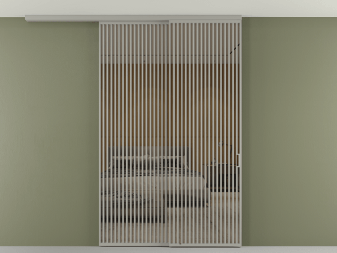 Перегородка Формато вдоль стены на потолок 2 створки с синхронным механизмом АЛПР 040.06 Алюминий нейтральный серый Рефлективное бронзовое стекло "Стопсол", калёное Цена 94040970 so'm | Volhovec