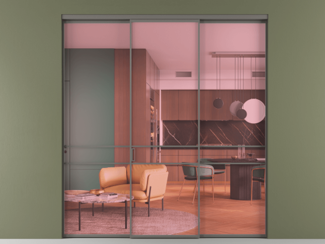 Перегородка Formato внутри проёма 3 створки АЛПР 040.02 Алюминий классический серый Прозрачное розовое стекло, триплекс Цена 48166830 so'm | Volhovec