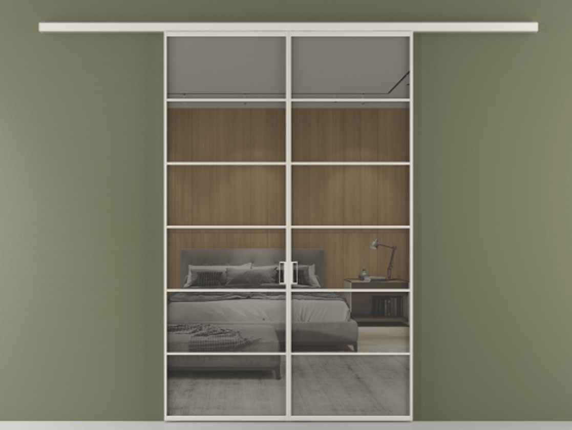 Перегородка Формато вдоль стены 2 створки АЛПР 040.04 Алюминий облачно-серый Рефлективное серое стекло "Стопсол", калёное Цена 53713800 so'm | Volhovec