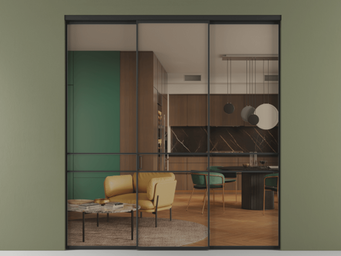 Перегородка Формато внутри проёма 3 створки АЛПР 040.02 Алюминий Черный Прозрачное бронзовое стекло, триплекс Цена 46278930 so'm | Volhovec