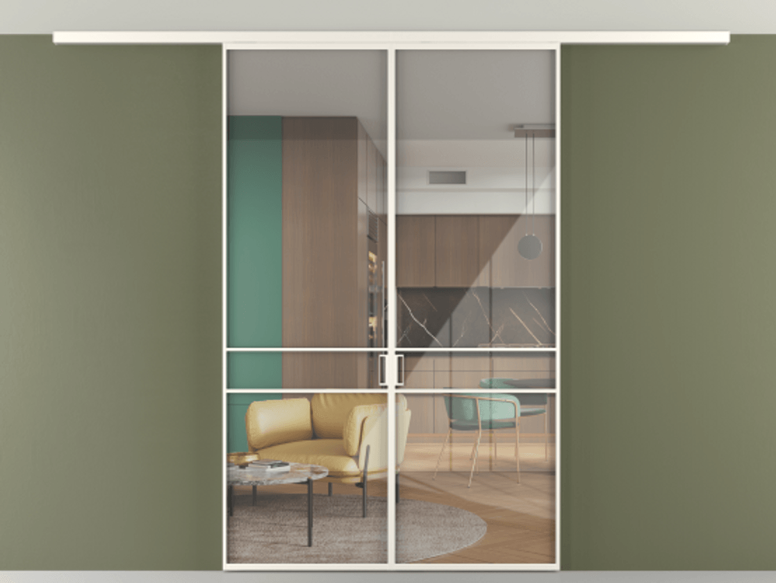 Перегородка Формато вдоль стены на потолок 2 створки АЛПР 040.02 Алюминий пудровый белый Рефлективное прозрачное стекло "Стопсол", калёное Цена 49515760 so'm | Volhovec