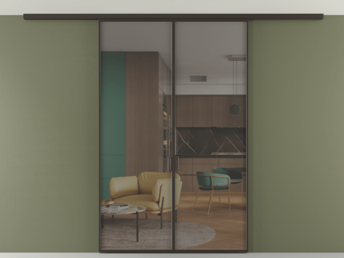 Перегородка Формато вдоль стены на потолок 2 створки АЛПР 040.01 Алюминий антрацит Прозрачное серое стекло, триплекс Цена 36074120 so'm | Volhovec