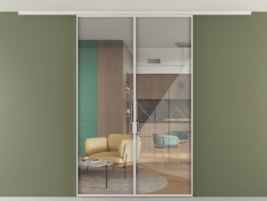 Перегородка Формато вдоль стены на потолок 2 створки АЛПР 040.01 Алюминий облачно-серый Рефлективное прозрачное стекло "Стопсол", калёное Цена 40228920 so'm | Volhovec