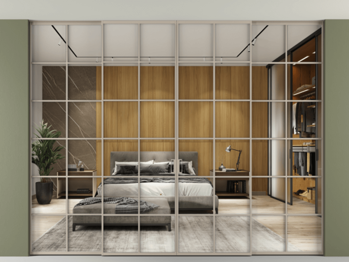 Перегородка Формато внутри проёма скрытое крепление в потолок 4 створки АЛПР 040.05 Алюминий бисквитный Двустороннее зеркало, триплекс , триплекс 6 мм Цена 98355120 so'm | Volhovec