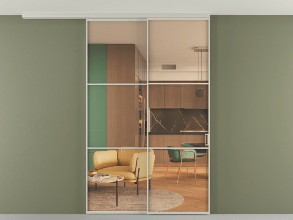 Перегородка Formato вдоль стены на потолок 2 створки с синхронным механизмом АЛПР 040.03 Алюминий тёплый серый Прозрачное оранжевое стекло, триплекс Цена 56429070 so'm | Volhovec